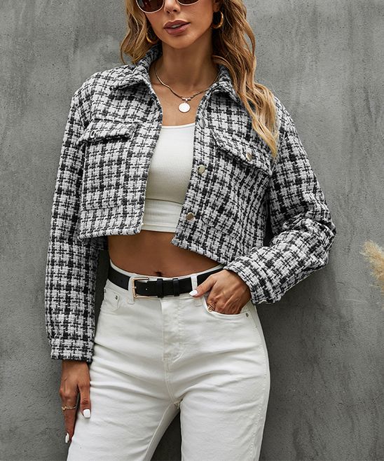 Coeur de Vague Women's Non-Denim Casual Jackets Black - Black Plaid Crop Shacket - Women | Zulily