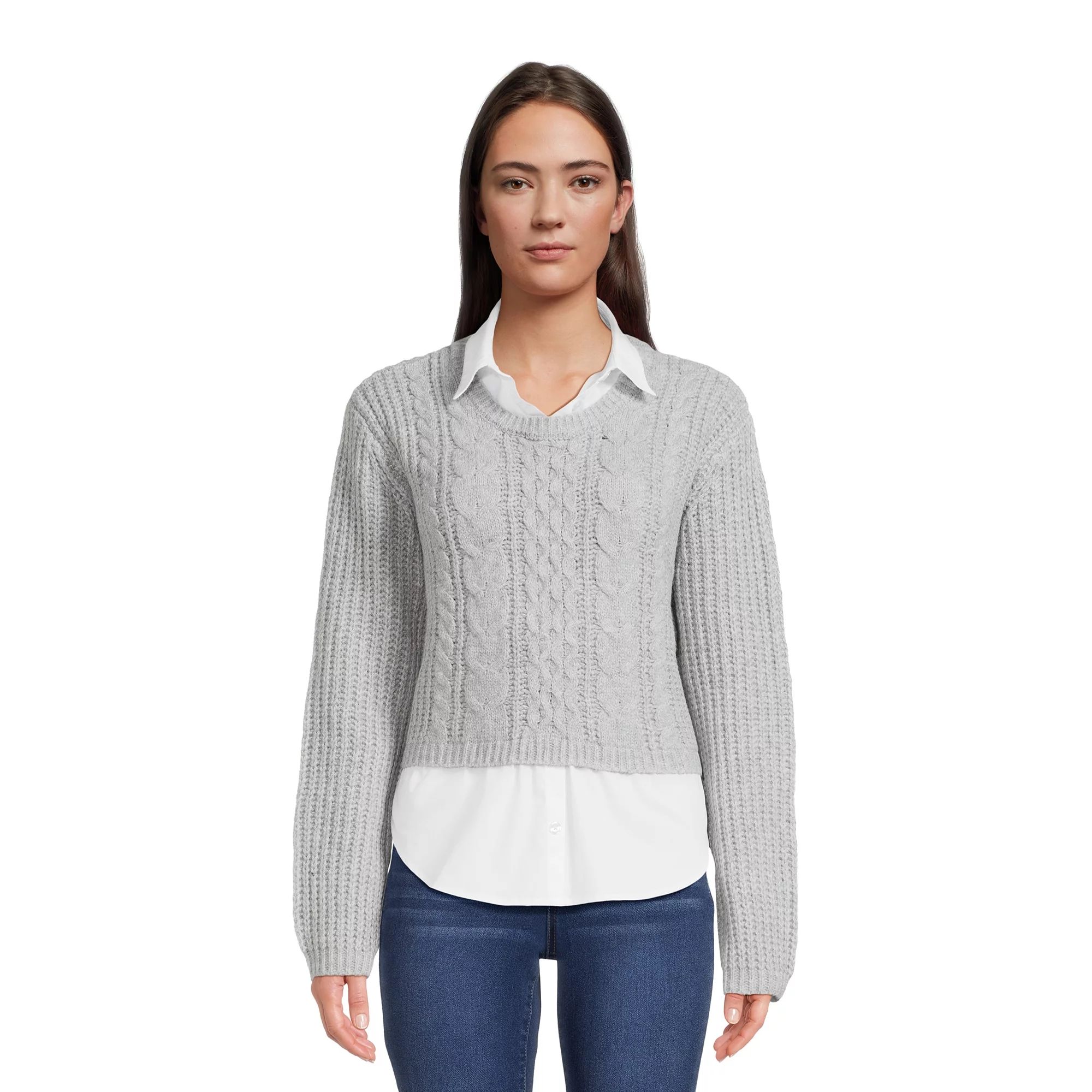 No Boundaries Juniors Cropped Cable Knit Sweater Twofer | Walmart (US)
