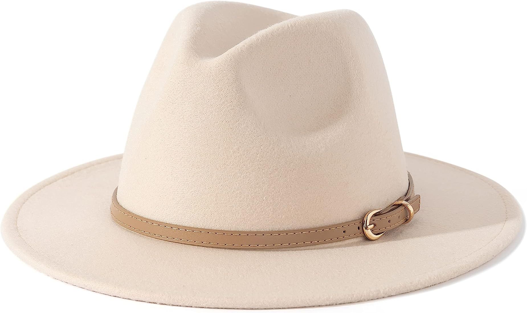 Women Classic Felt Fedora Wide Brim Hat with Belt Buckle | Amazon (US)