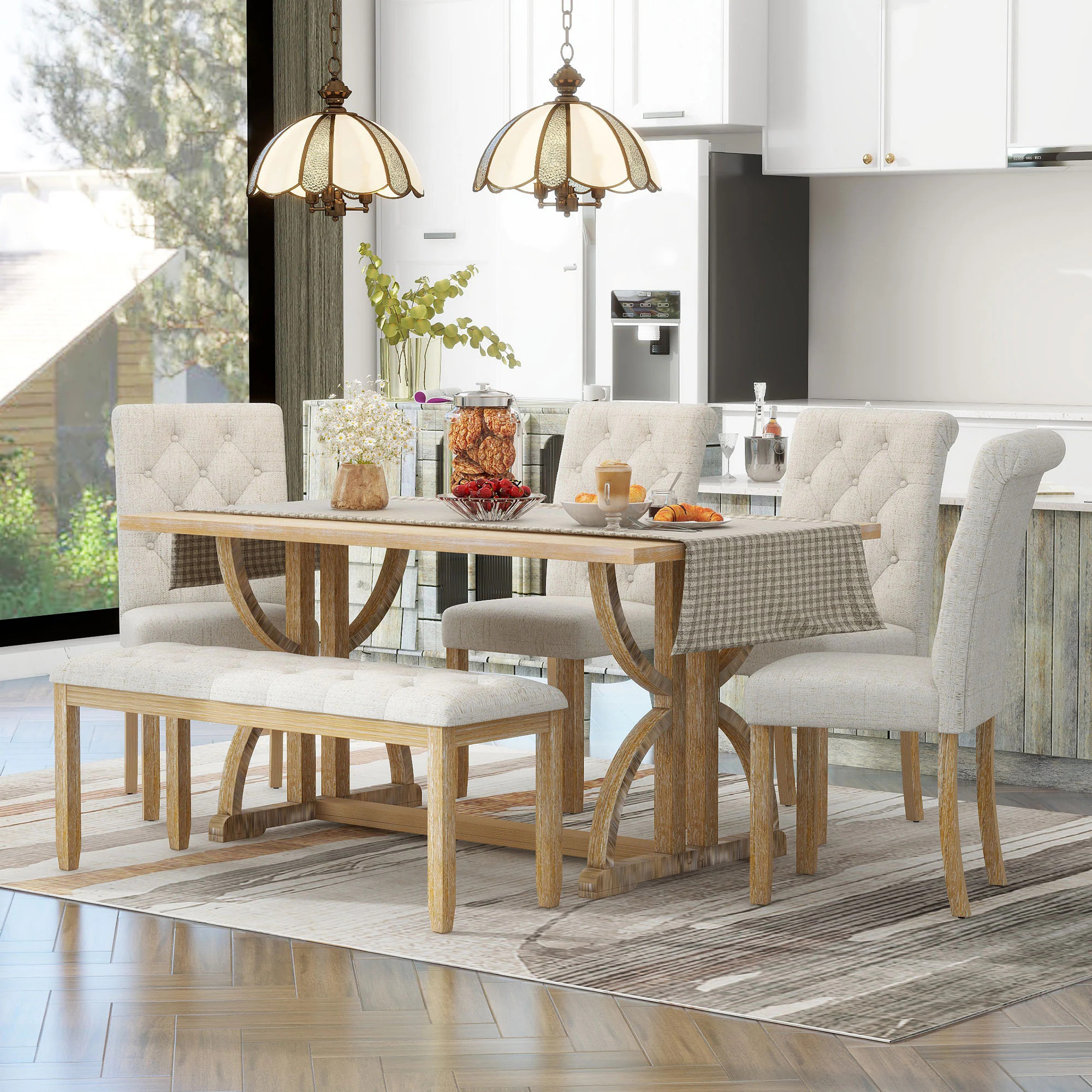 ModernLuxe 6Piece Retro Rectangular Dining Table Set Table with Unique Legs and 4 Upholstered Chairs 1 Bench for Dining Room and Kitchen Natural Wood | Lowe's