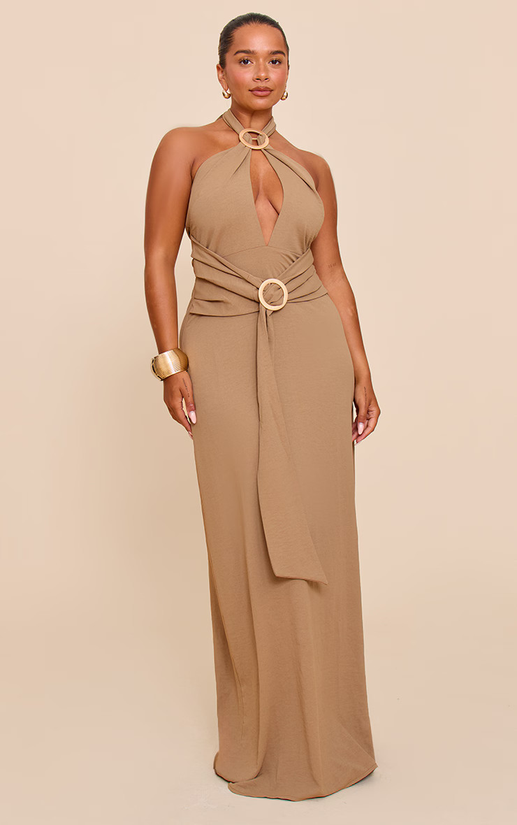 Shape Khaki Hammered Satin Ring Halter Maxi Dress | Shape | PrettyLittleThing UK