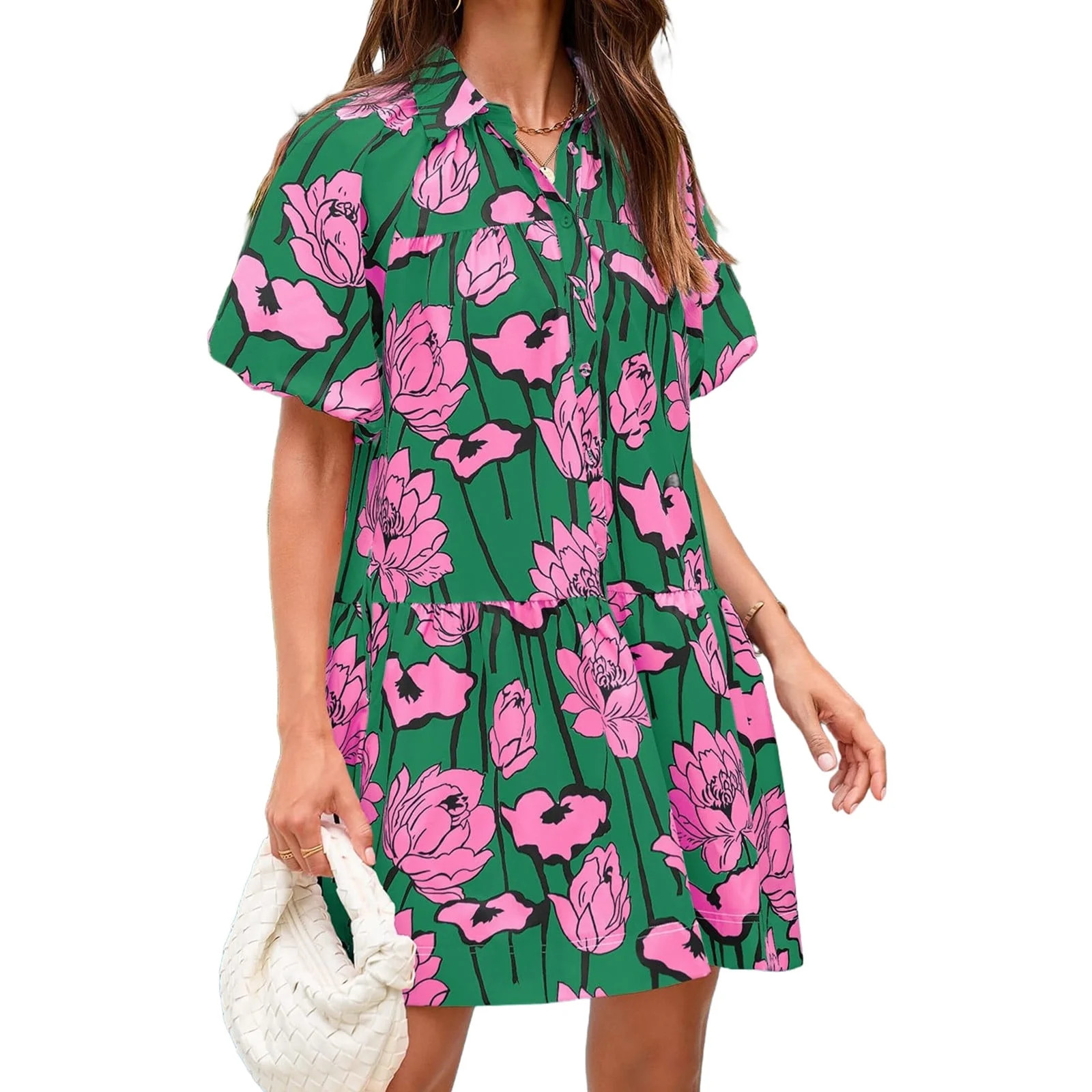 Short Sleeve Women Floral Print Loose Fit Lapel V-neck Casual Mini Dress | Walmart (US)