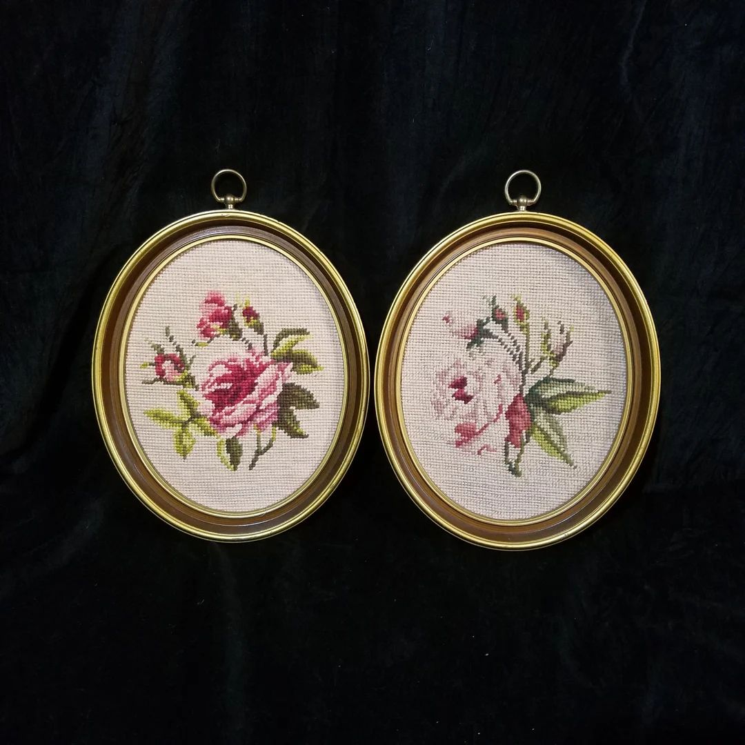 Framed Needlepoint Pictures Pink Flowers Gold Oval Frames 9 - Etsy | Etsy (US)