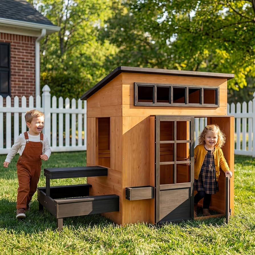 Outdoor Playhouse - Modern Fir Wooden Playhouse for Kids Outdoor with Play Kitchen, Outside Table... | Amazon (US)