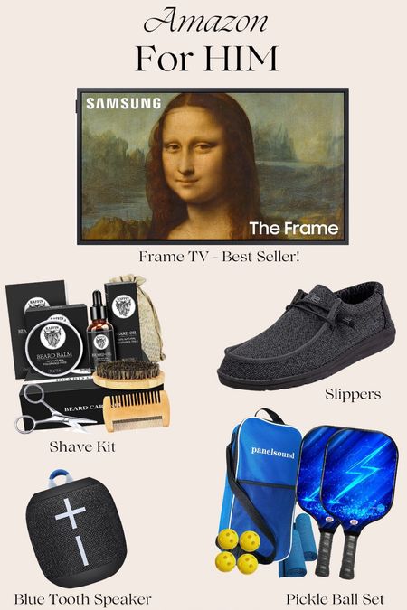 Amazon gifts for him! Amazon gift guide, including slippers, a shave kit, pickle ball, and the famous frame TV! All on sale this weekend only during cyber Monday! #AmazonGiftGuide #CyberMonday #AmazonSale

#LTKCyberweek #LTKmens #LTKfamily