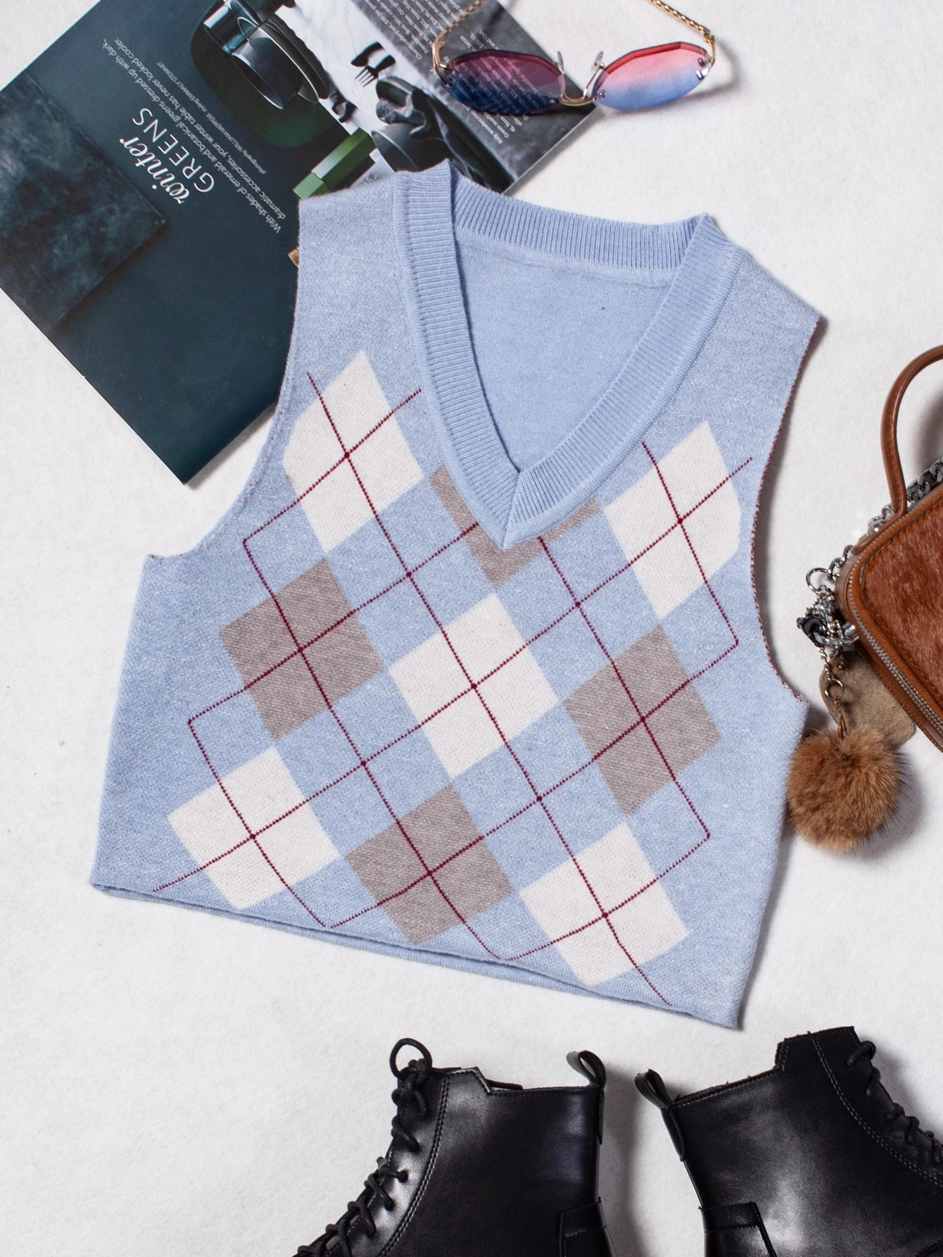 V Neck Argyle Pattern Sweater Vest | SHEIN