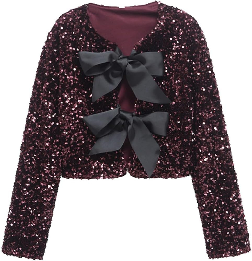 Fronage Cardigans for Women UK Sequin Top Cropped Bow Tie Front Buttons Long Sleeve Sparkly Ladie... | Amazon (UK)