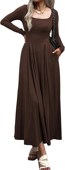 Mieazom Women Long Sleeve Square Neck Maxi Dress A-Line Pleated Flowy Elegant Party Cocktail Wint... | Amazon (US)
