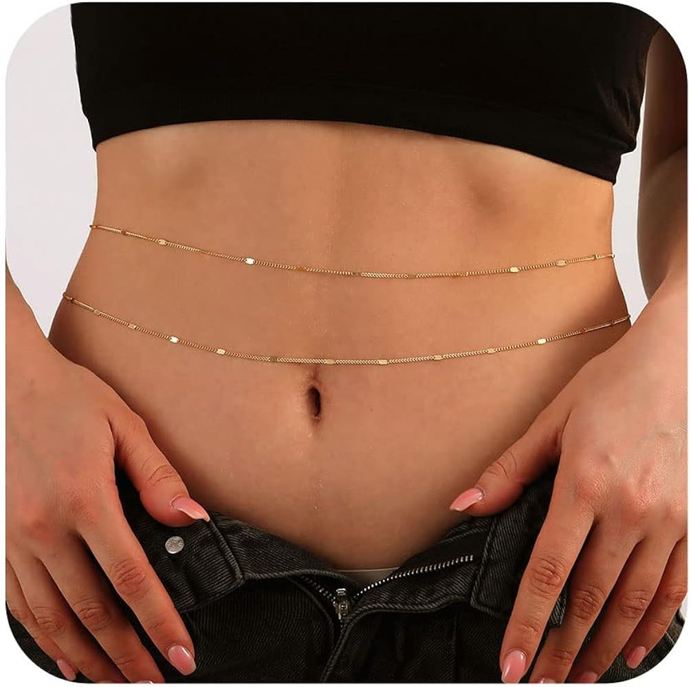Honsny 2PCS 25-43Inch 18K Gold Plated Waist Chain Minimalist Pearl Belly Body Chain Gold Layered ... | Amazon (US)