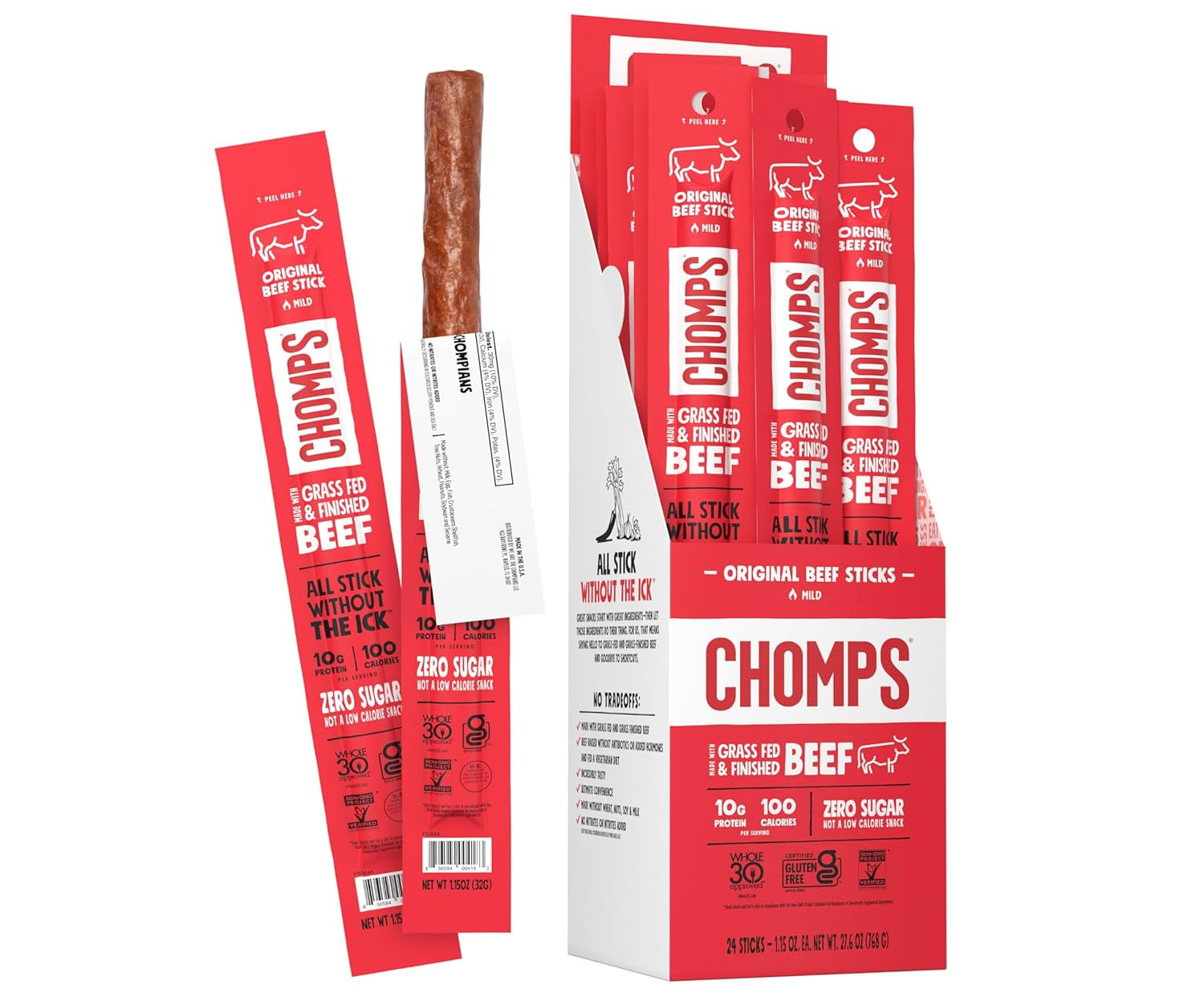 CHOMPS Grass Fed Original Beef Jerky Snack Sticks, Keto, Paleo, Whole30 Approved, Non-GMO, Gluten... | Amazon (US)