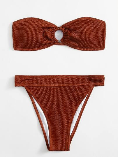 Textured Ring Linked Bandeau Bikini Swimsuit | SHEIN