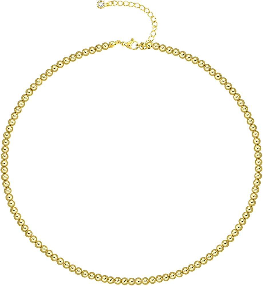 Gold Beaded Necklaces for Women,14K Gold Plated Dainty Choker Necklace,Lightweight Hollow Ball Be... | Amazon (US)