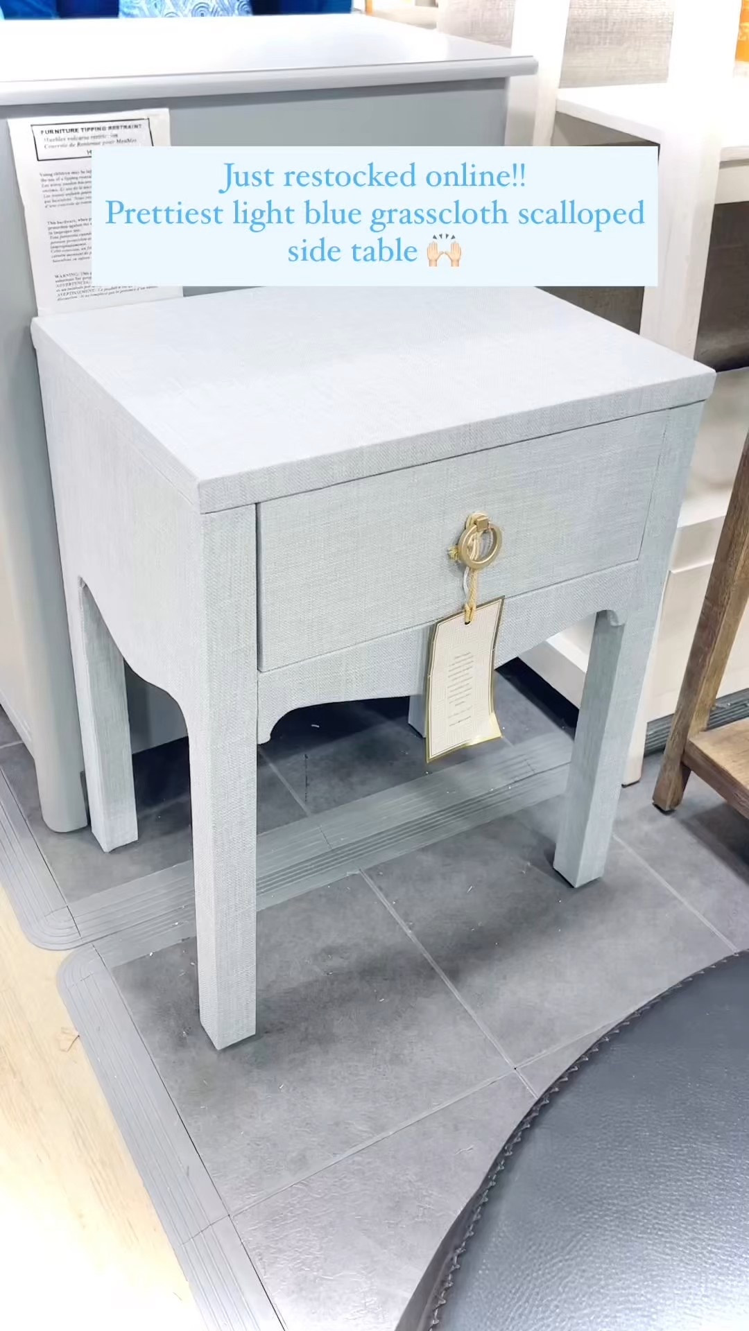 High sellout risk!! Pretty light blue grasscloth/linen wrapped scalloped side table is just gorgeous in person and can be used as a side table or night stand!! Grab a pair and use code: SHIP89 to score free shipping!!