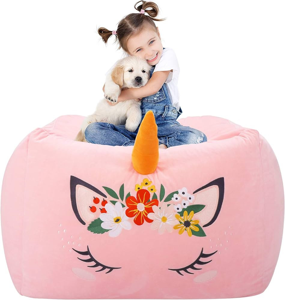 Aubliss Unicorn Stuffed Animal Storage Bean Bag Chair for Kids, Velvet Extra Soft Beanbag Chairs ... | Amazon (US)