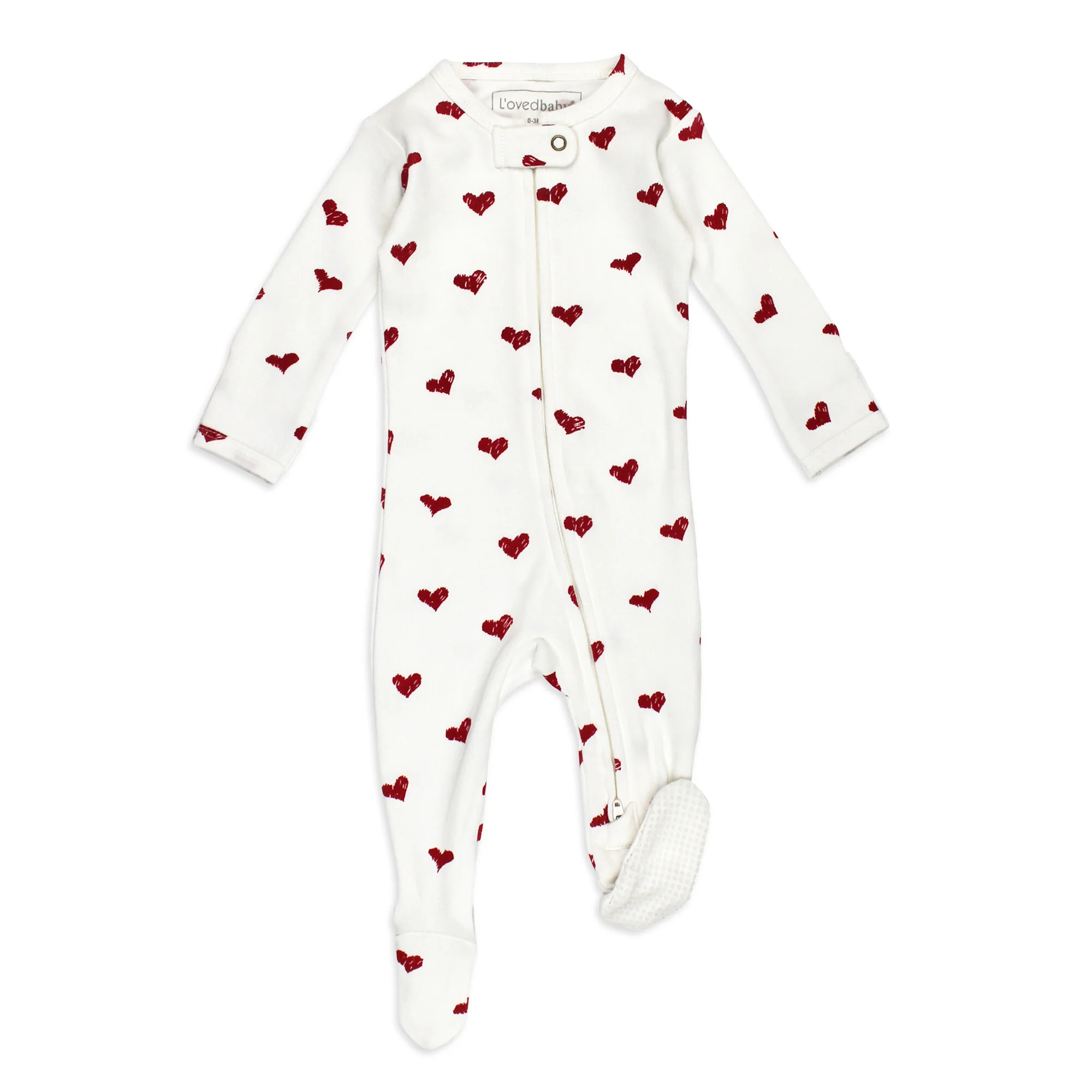 Organic 2-Way Zipper Footie in Crimson Hearts | L'ovedbaby