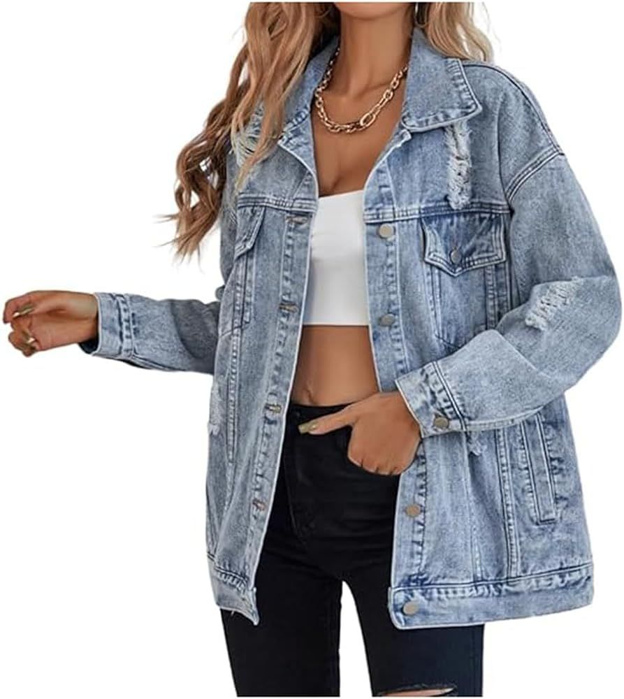 LifeShe Women's long oversized denim jacket boyfriend ripped distressed jean jackets coat | Amazon (US)