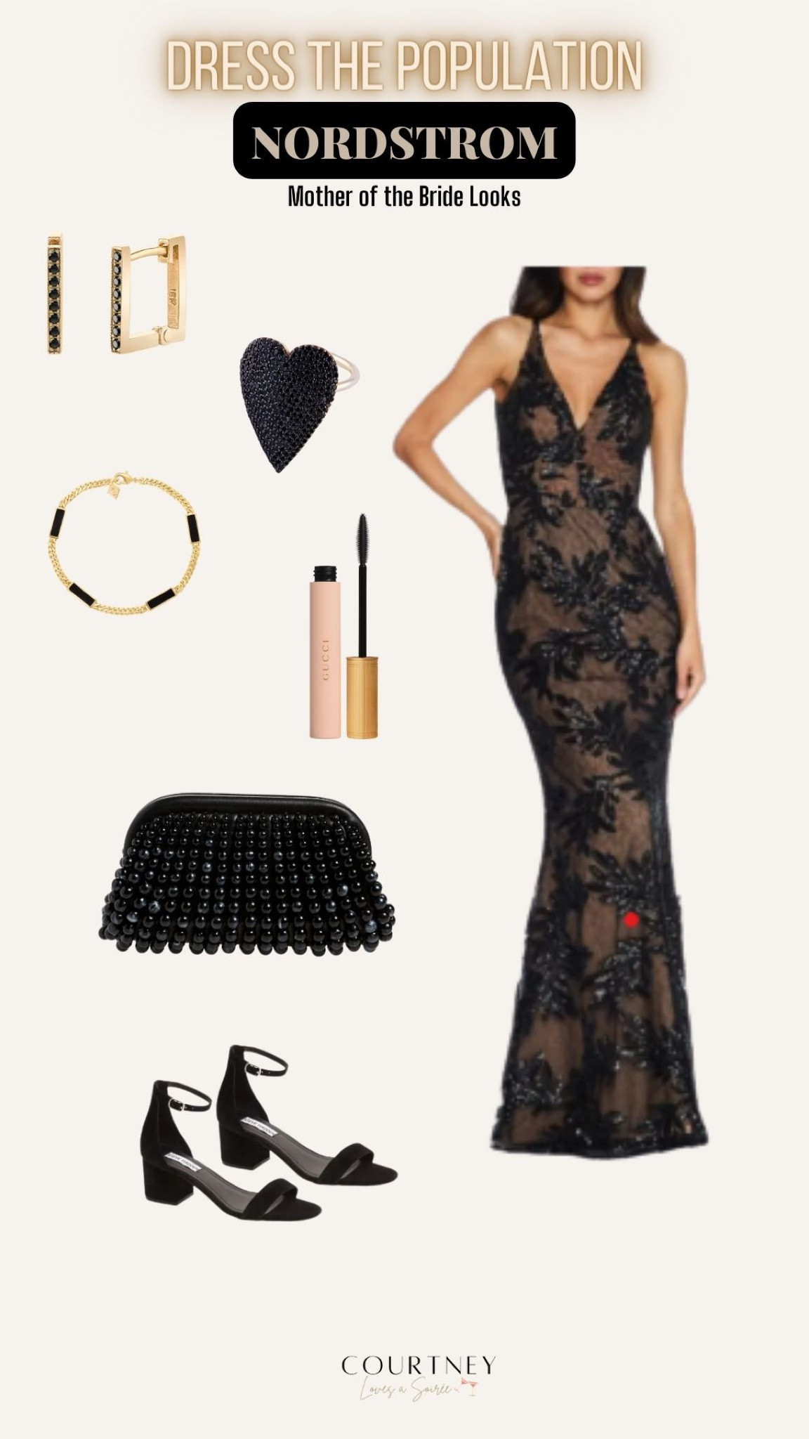 Make a statement at your next winter wedding with this beautiful Nordstrom's dress! Perfect for a mother of the bride or a winter wedding guest, this dress is a show stopper. The intricate lace detailing combined with the black overlay creates a sophisticated & elegant style. Add a beaded black Cult Gaia clutch & your favorite Gucci mascara to complete this beautiful look. Follow me for more mother of the bride styles! #blackwinterweddingguestdress #sexymotherofthebridelooks #nordstromweddingfinds 

#LTKitbag #LTKstyletip #LTKwedding