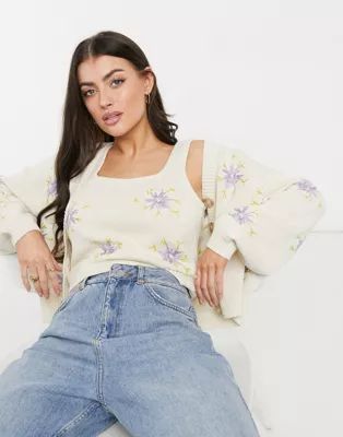 Y.A.S cardigan twinset with lilac floral embroidery in cream | ASOS (Global)
