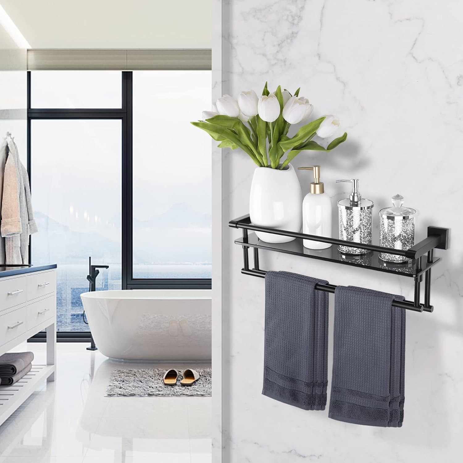 Shower Glass Shelf with Double Towel Bar and Rail SUS304 Stainless Steel Heavy-Duty Rustproof Wal... | Amazon (US)