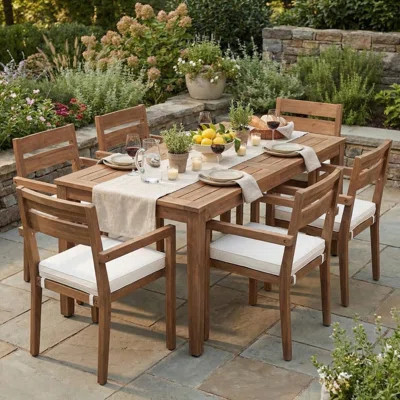 7 Pieces Acacia Wood Outdoor Dining Set with Cushions, Modern 6 Chairs and 1 Large Table, Dining Furniture Set for Lawn, Backyard | Wayfair North America