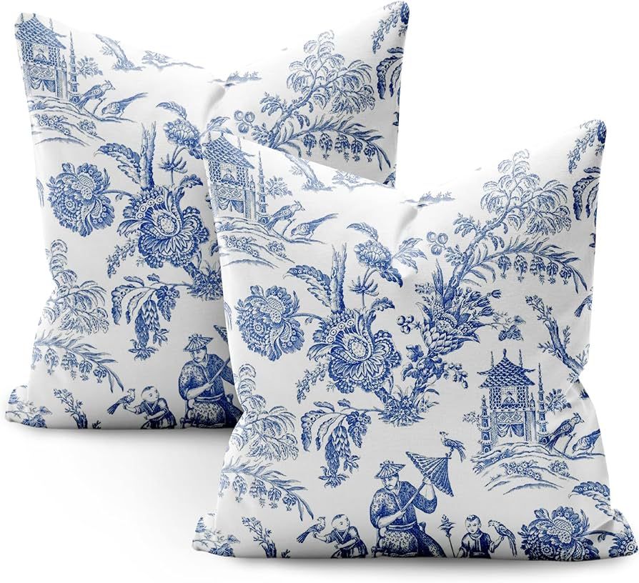 SMF Chinoiserie Pillow Covers 18x18 Set of 2,Blue and White Flowers Pillow Cover Chinoiserie Deco... | Amazon (US)