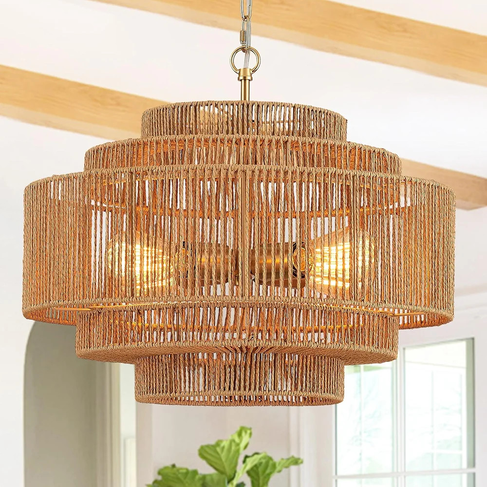 Hand-Woven Rattan Chandelier Dining Room Boho Chandelier 20in Bamboo Farmhouse Chandeliers 4-Ligh... | Amazon (US)