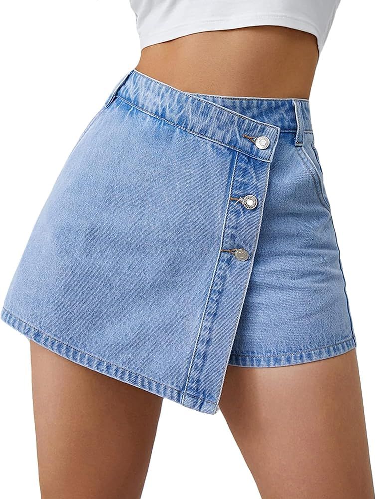 Denim Shorts Women Casual High Waisted Solid Button Up Asymmetrical Denim Jean Skort Skirt Mini S... | Amazon (US)