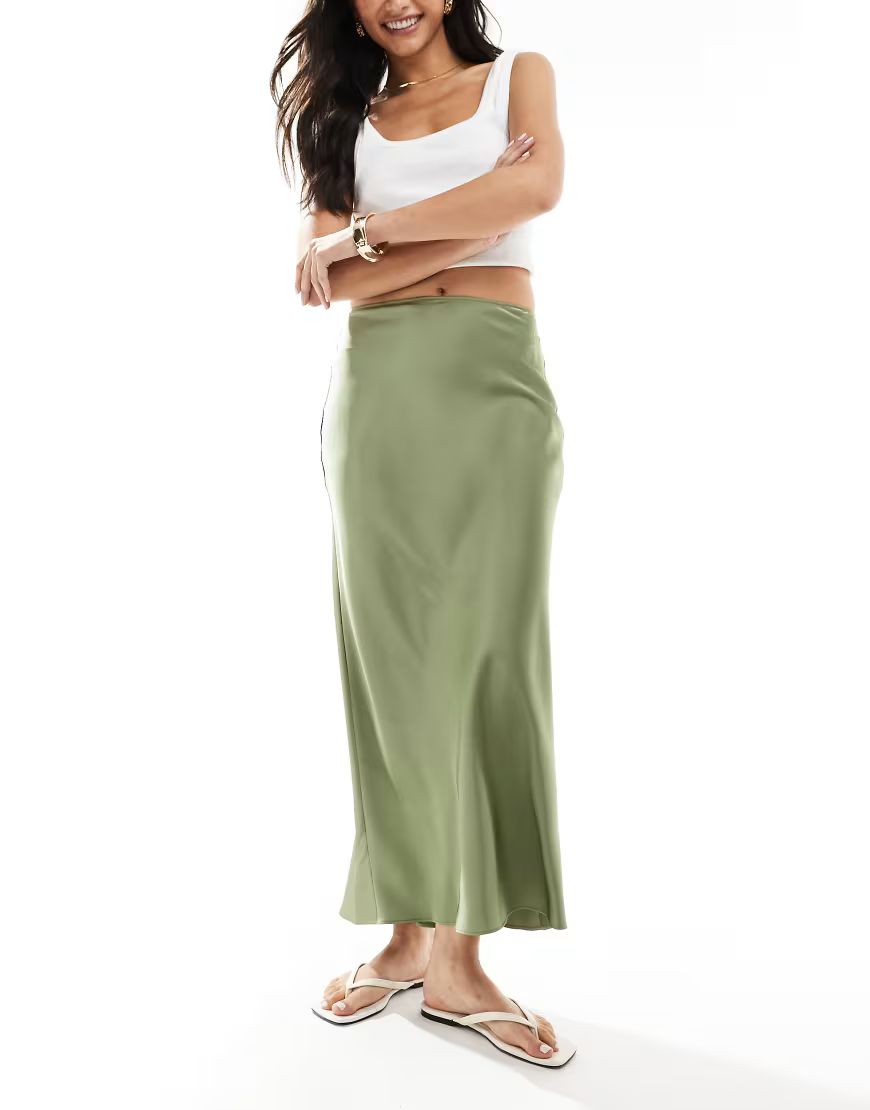 ASOS DESIGN satin bias midi skirt in khaki-Green | ASOS (Global)