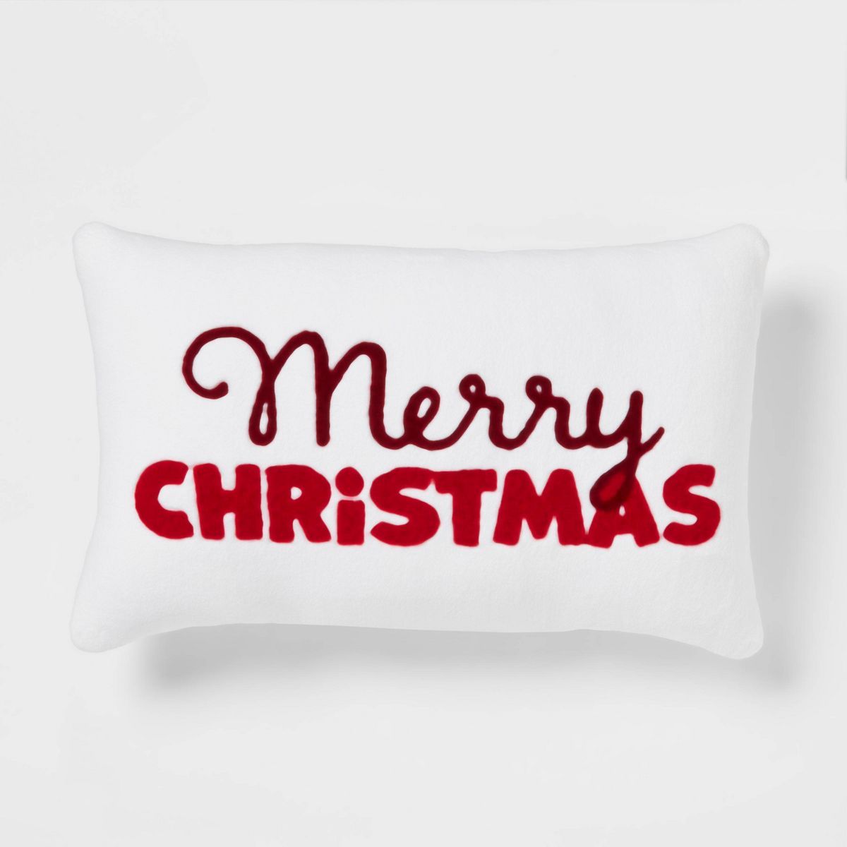 'Merry Christmas Embroidered' Plush Lumbar Christmas Throw Pillow Cream/Red - Wondershop™ | Target