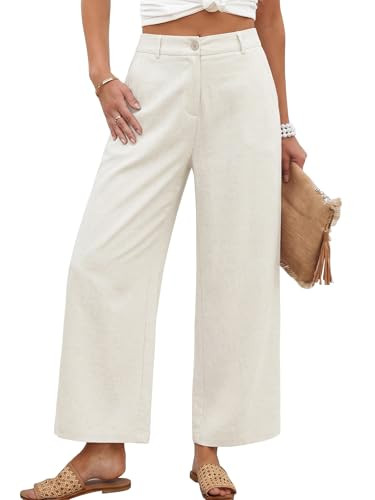 Womens Linen Wide Leg Pants Casual Zipper Front Summer Cropped Trousers Dressy Pants with Pockets | Amazon (US)