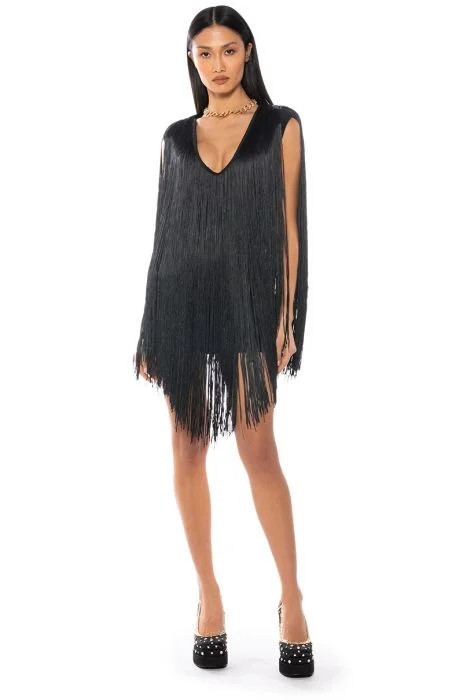 STEVIE DEEP V BANDAGE WITH FRINGE MINI DRESS IN BLACK | AKIRA