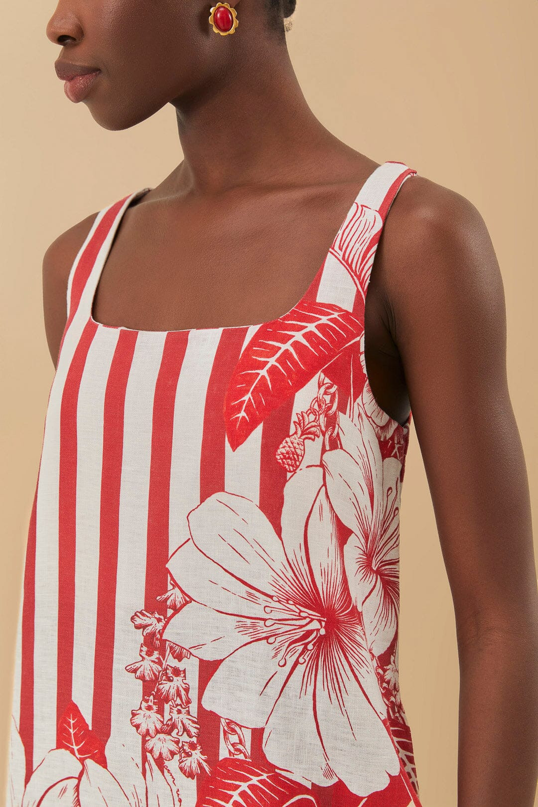 Red Floral Chain Stripes Mini Dress | FarmRio (US)