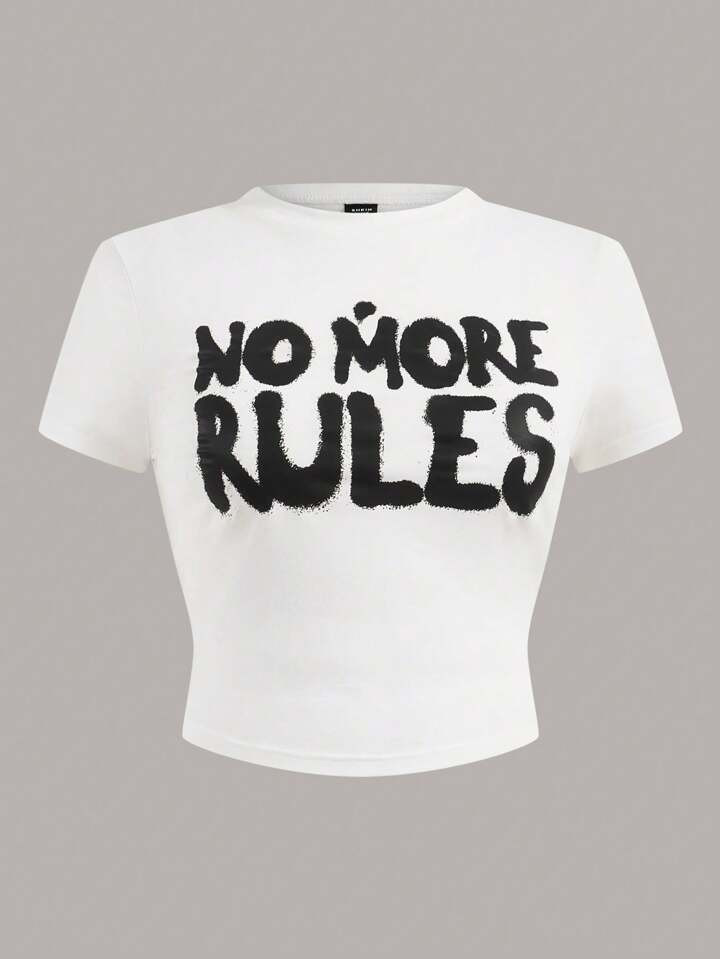 SHEIN EZwear Plus Size Short Sleeve T-Shirt With Printed Text Design, NO MORE RULES For Summer | SHEIN