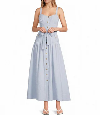 Linen Stripe Sweetheart Neck Tank Strap Button Front Tie Drop Waist Flounce A-Line Maxi Dress | Dillard's