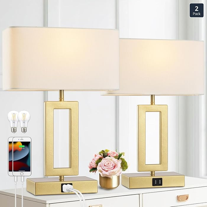 gernehop Gold Table Lamps Set of 2 with Dual USB Ports,3-Way Dimmable Touch Control Bedside Lamps... | Amazon (US)