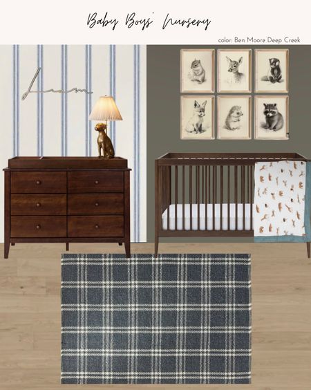 Baby boys nursery idea. Navy and sage olive green tones. Elegant and rich tone nursery. Espresso wood crib and dresser. Navy plaid rug. Woodland theme animal quilt and lamp. Stripe wallpaper. 

#LTKbump #LTKbaby #LTKhome