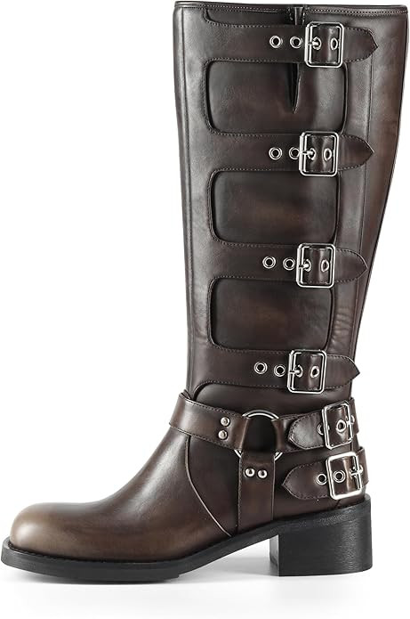 Botas con hebilla para mujer hasta la rodilla, tacón grueso, piel sintética, punta cuadrada, br... | Amazon (US)