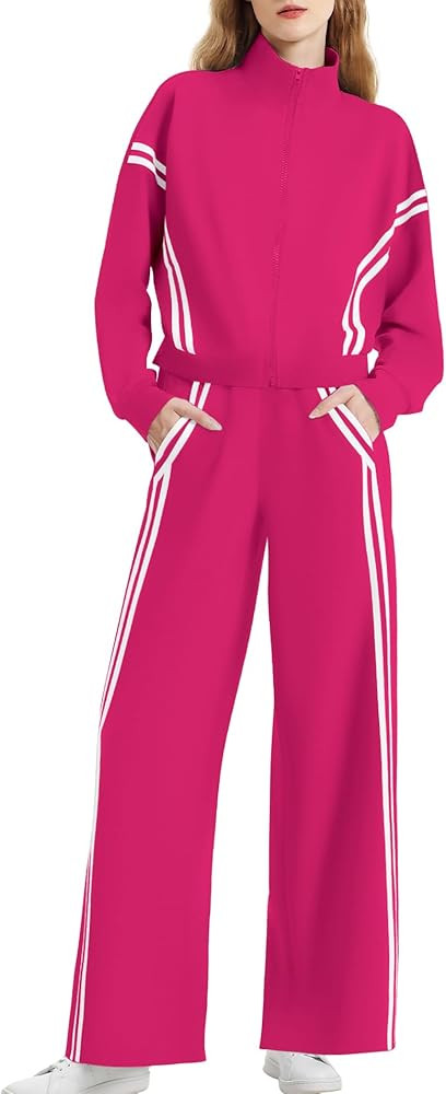 Casly Lamiit Women's 2 Piece Lounge Outfits Zip Up Sweat Set Contrast Striped Wide Leg Jogging Pa... | Amazon (US)