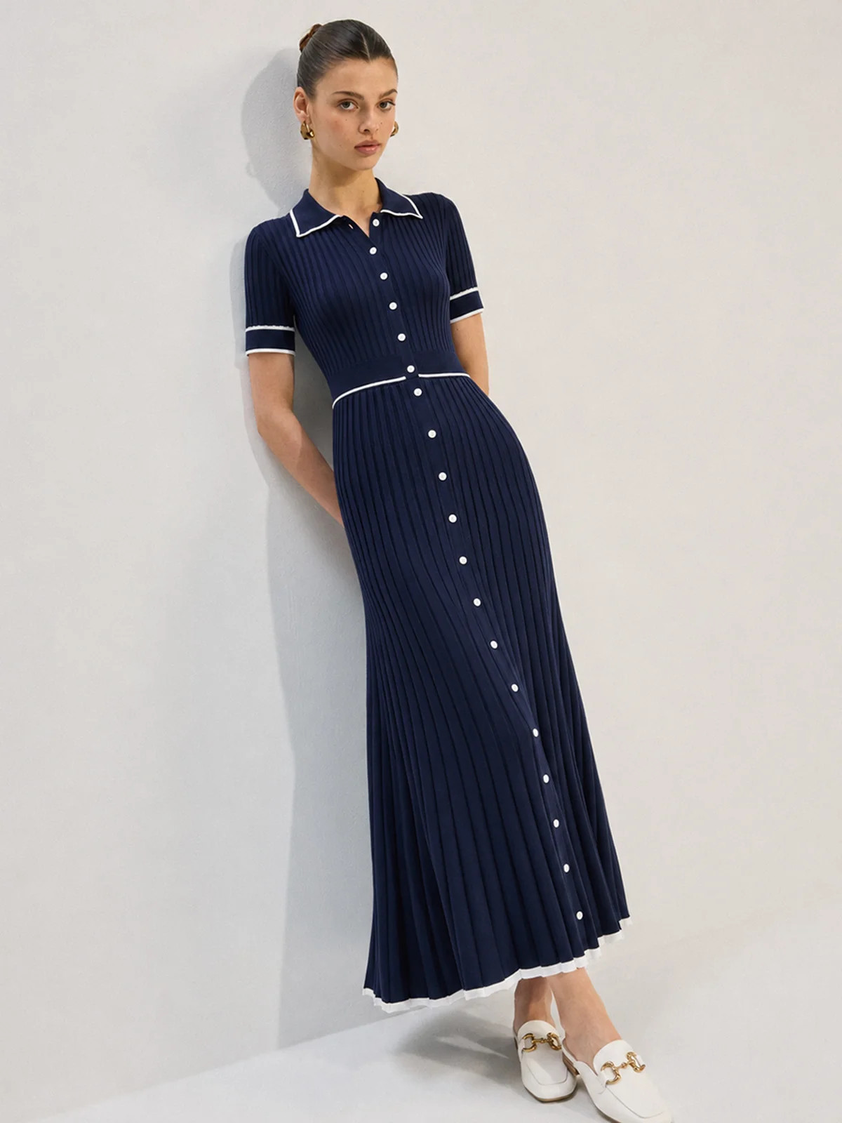 Contrast Piping Collared Rib Knit Midi Dress | Commense