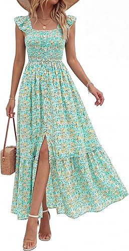 dowerme Womens Summer Maxi Dresses 2026 Casual Ruffle Sleeve Button Smocked Floral Slit Boho Dres... | Amazon (US)