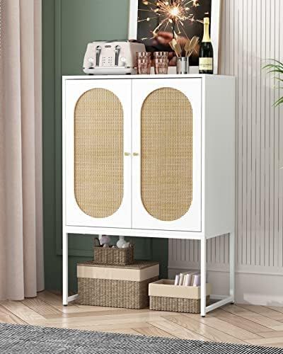 Rophefx High Cabinet with 2 Curved Rattan Doors, 2-Tier Storage Cabinet with Metal Base, Cupboard... | Amazon (US)