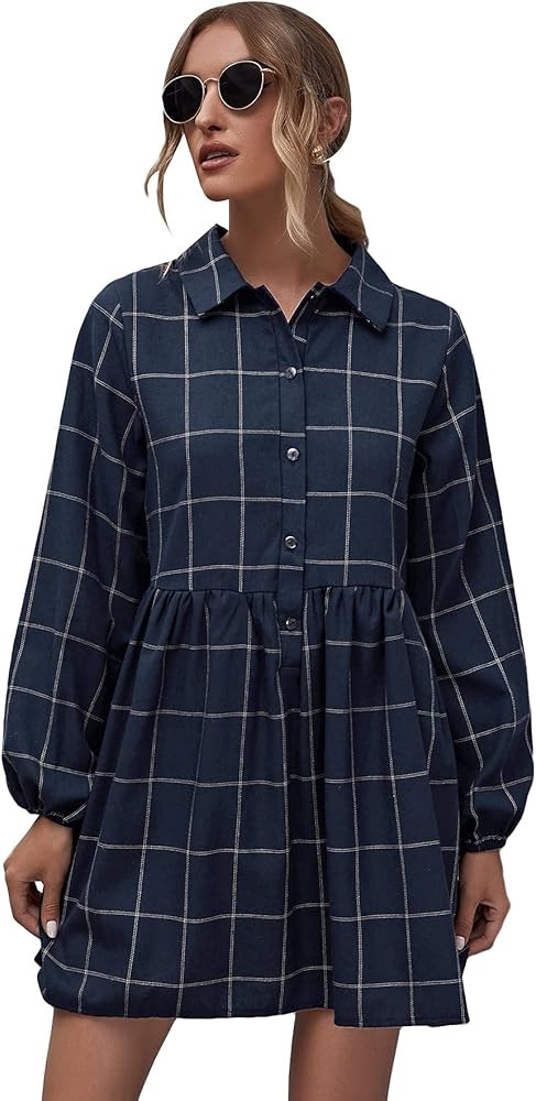 MakeMeChic Women's Plaid Bishop Sleeve Button Front High Waist A-Line Shirt Dress | Amazon (US)