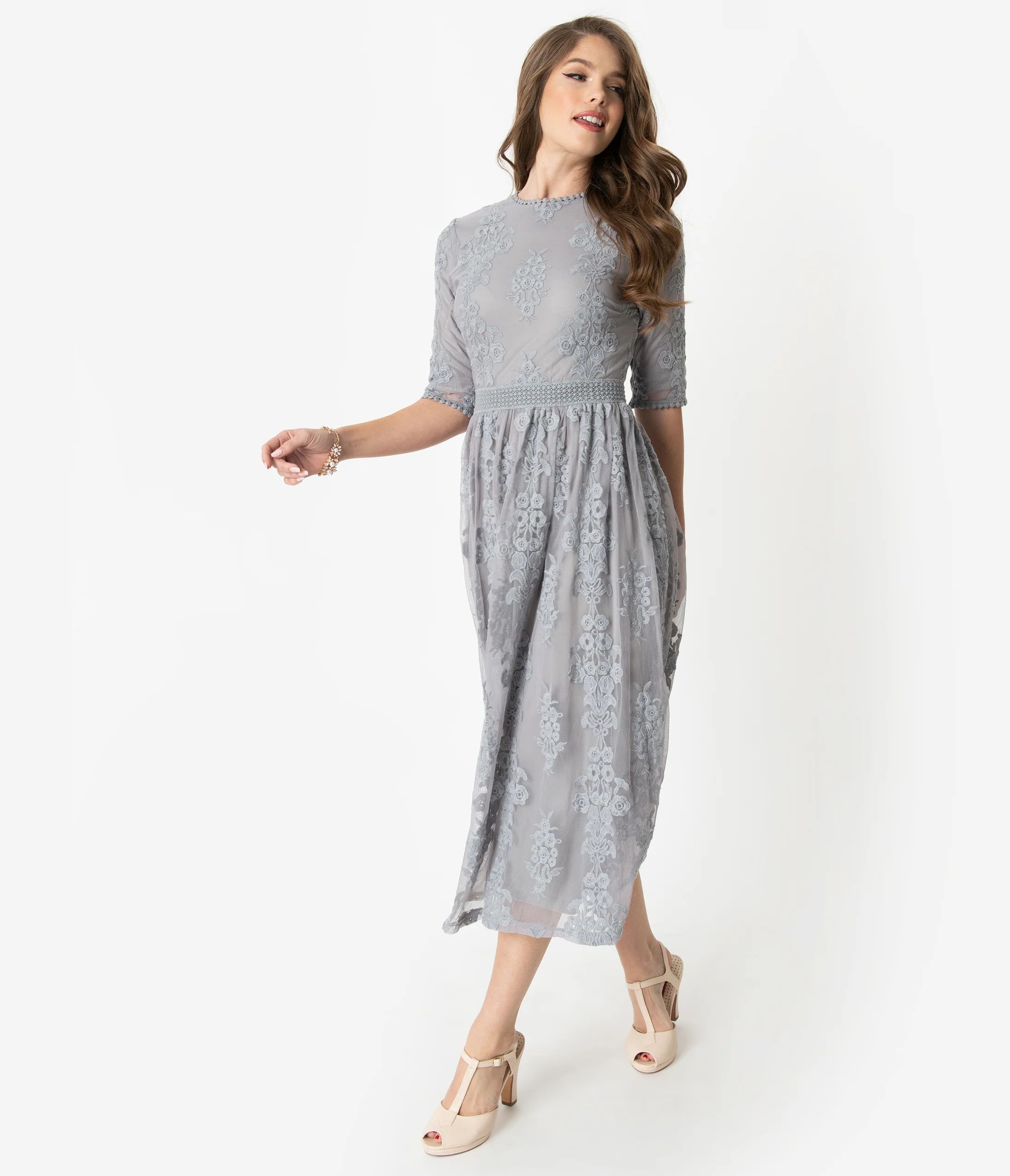 Vintage Style Silver Grey Embroidered Lace Modest Midi Dress | UniqueVintage