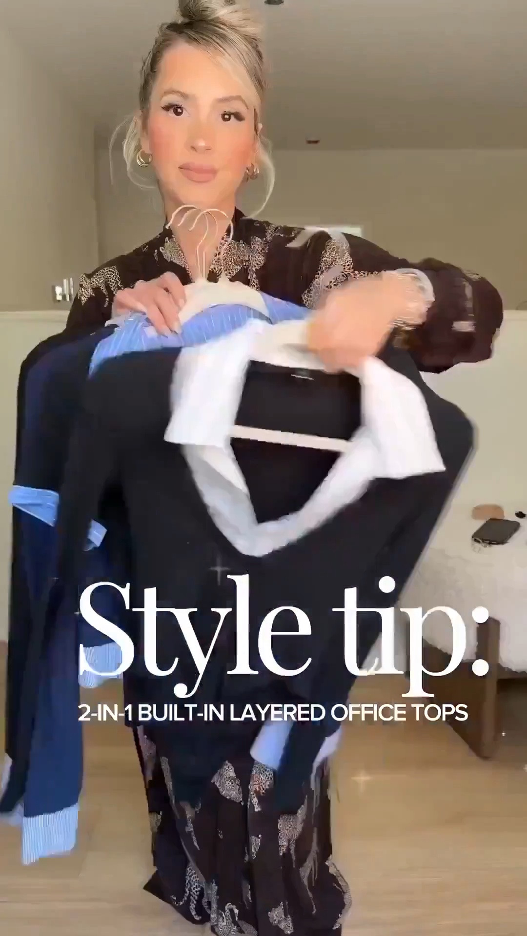 Style tip: 2 in 1 built-in layered OFFICE TOPS!! No bulk + no effort + matches literally any trouser in your closet!! 

Wearing small in tops 
Size small or size 4 in trousers
Tan trousers = small long thin (they run short)
Dark blue trousers: that color is out of stock now 😭 but the light blue are equally as good I promise!