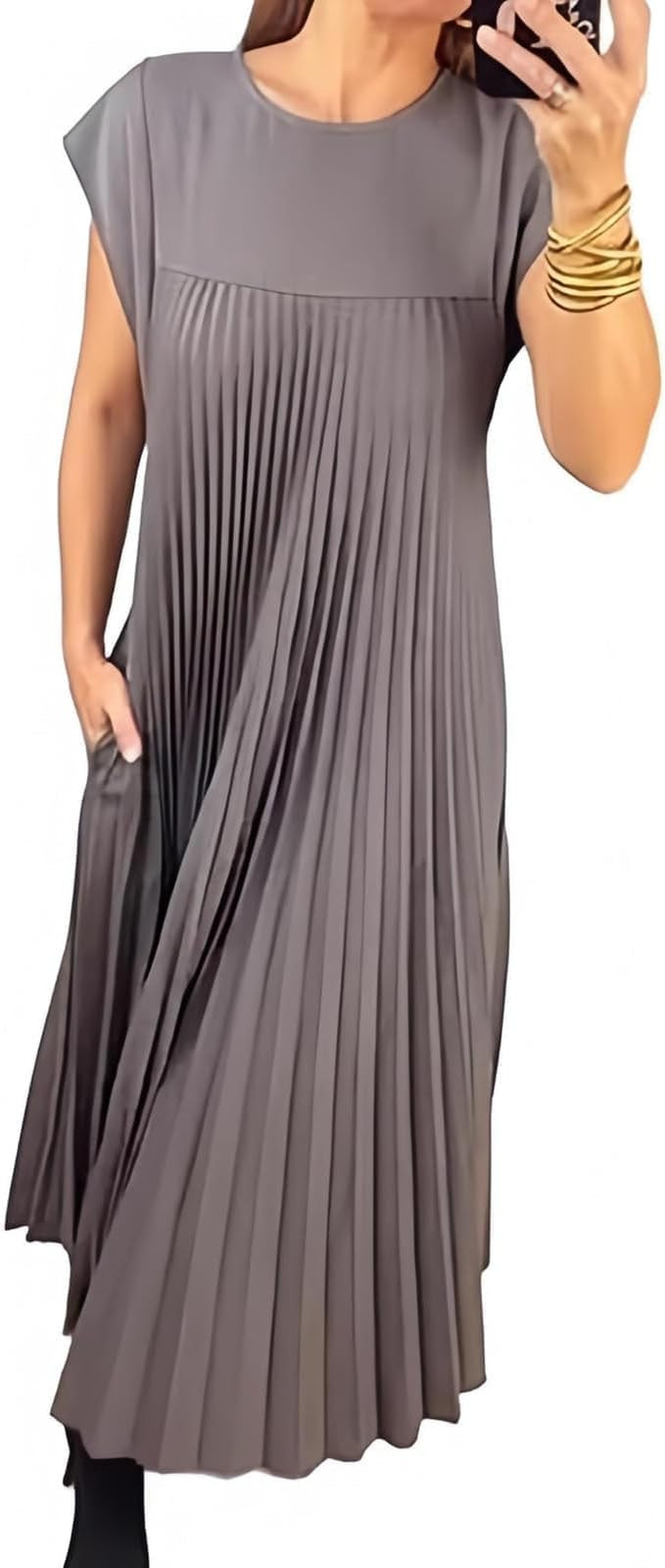 Women's Summer Pleated Maxi Dress 2024 Casual Cap Sleeve Loose Fit Flowy Long Dresses with Pocket... | Amazon (US)