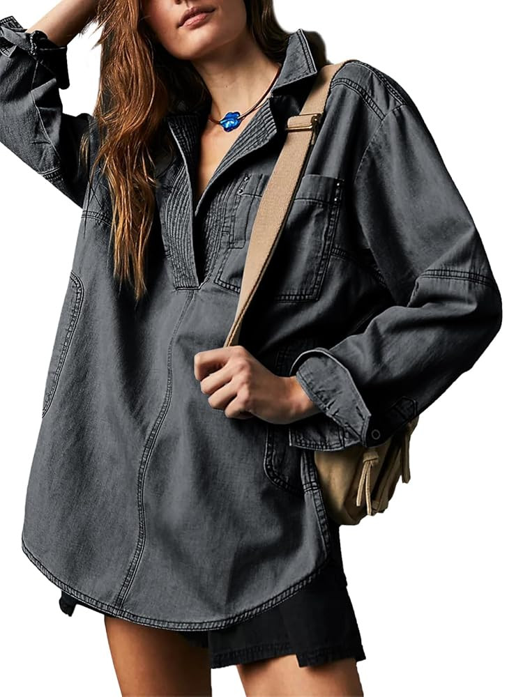 Fazortev Women's Denim Pullover Casual Button V Neck Blouse Loose Fit Long Sleeve Jean Jacket Wit... | Amazon (US)