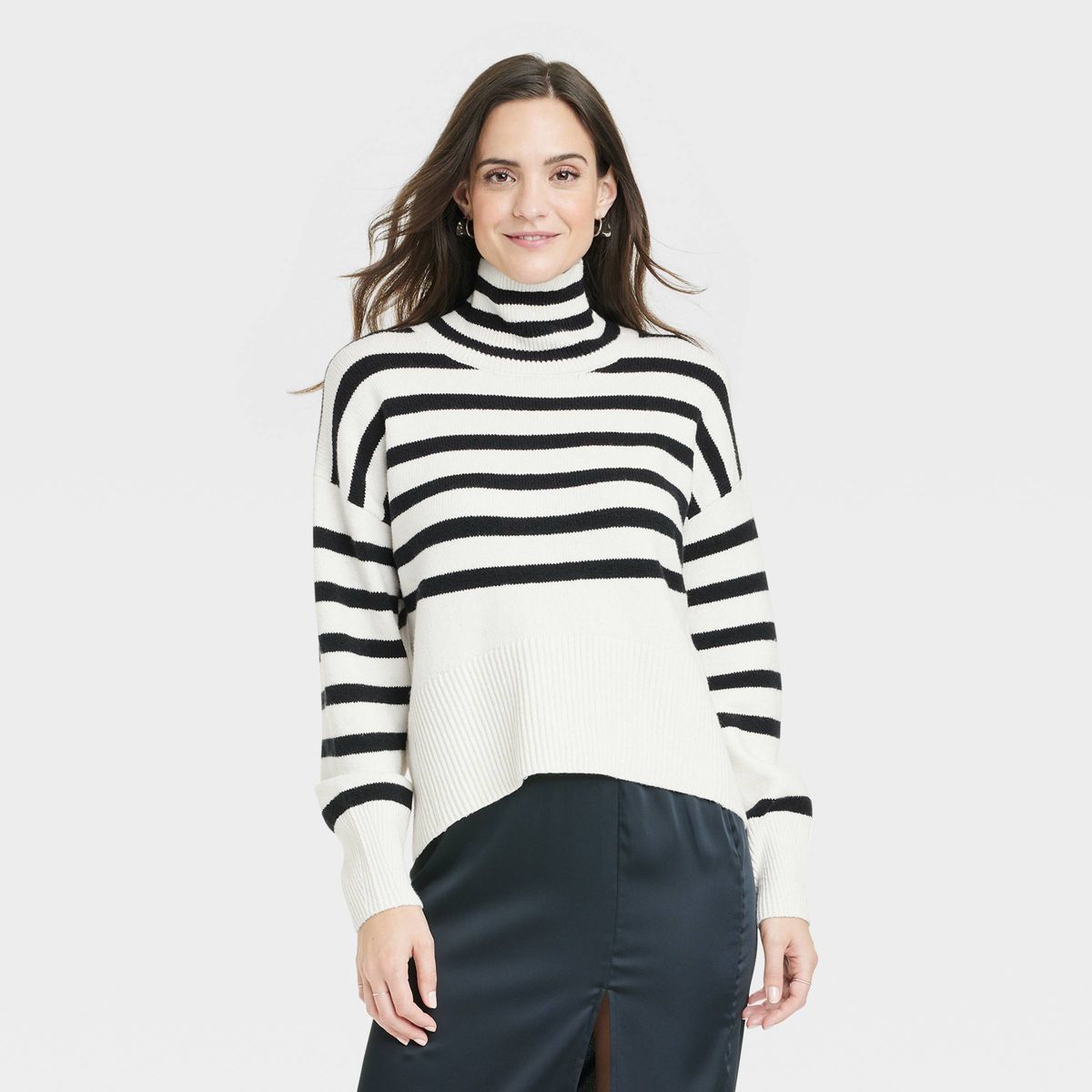 Women's Mock Turtleneck Pullover Sweater - A New Day™ Brown Striped M | Target