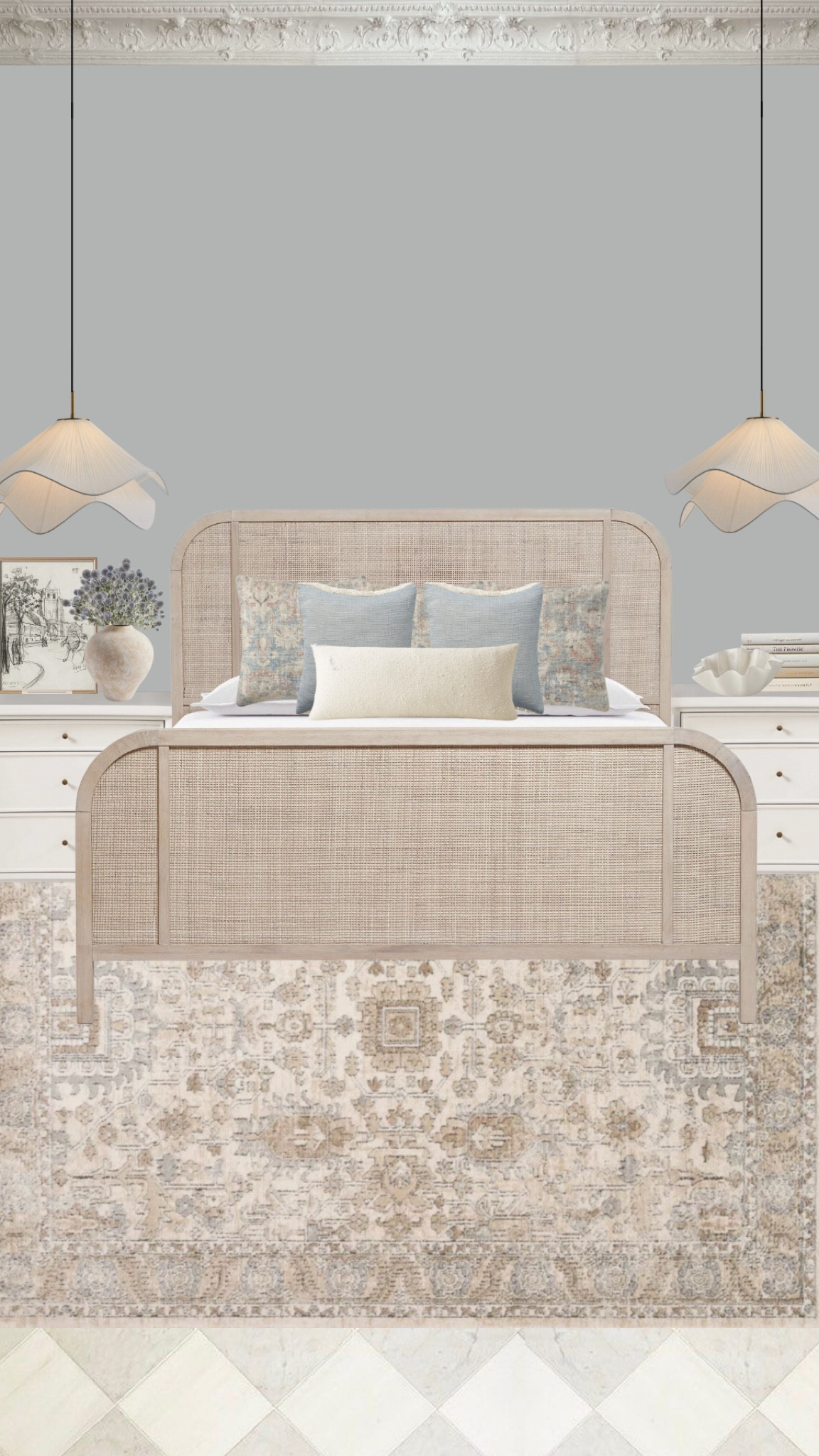 Bedroom design 

Pendants, Loloi rug, rattan bed frame, nightstands, faux stems, vase, decorative bowl, framed art, coffee table books 

#LTKSpringSale #LTKSeasonal #LTKhome