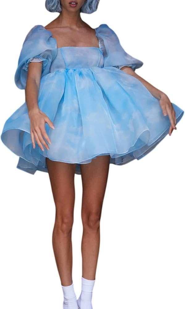 Women's Puff Sleeve Tulle Princess Dress Off Shoulder Square Collar Mini Dress Puffy Mesh Party P... | Amazon (US)