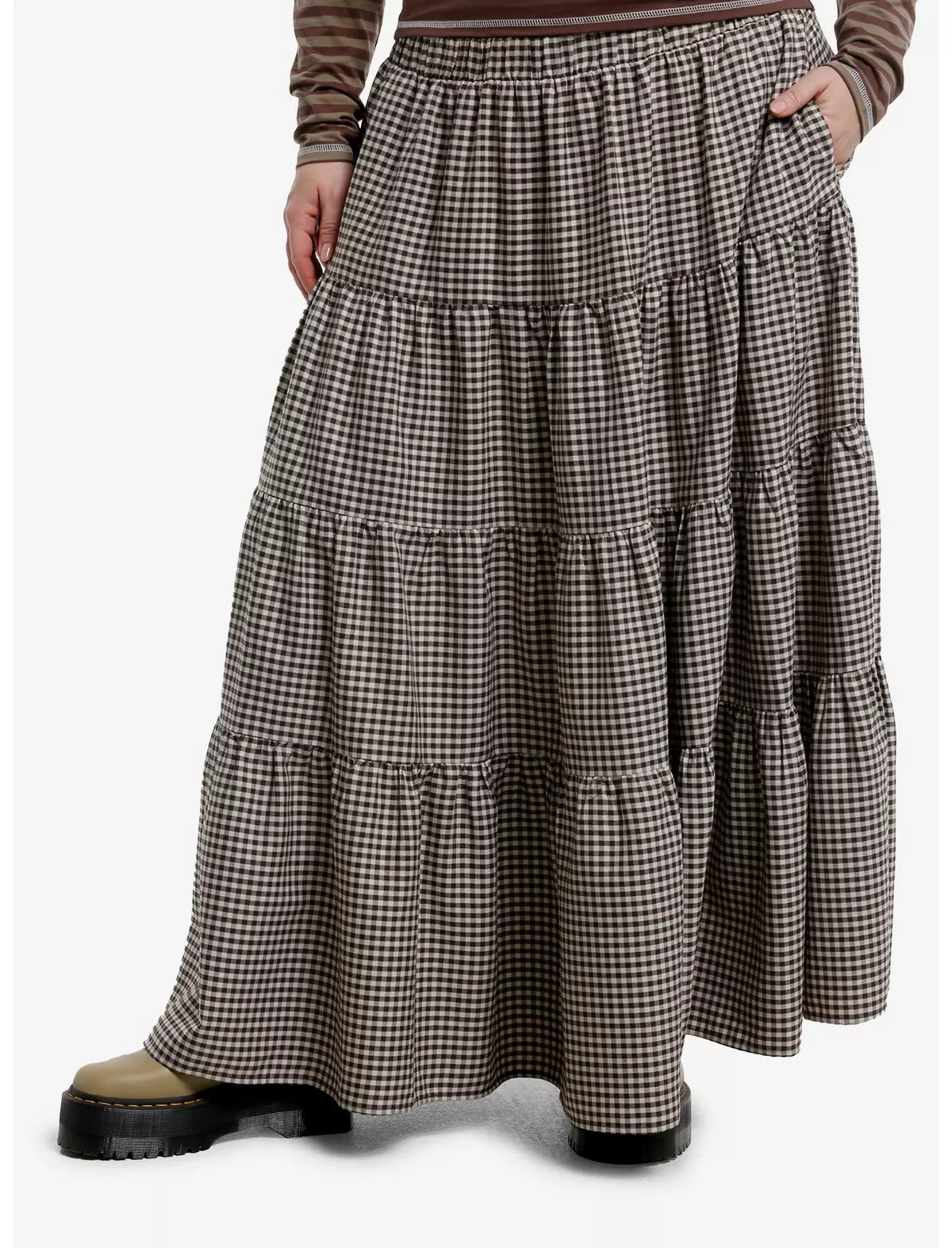 Thorn & Fable Brown Gingham Tiered Midi Skirt Plus Size | Hot Topic